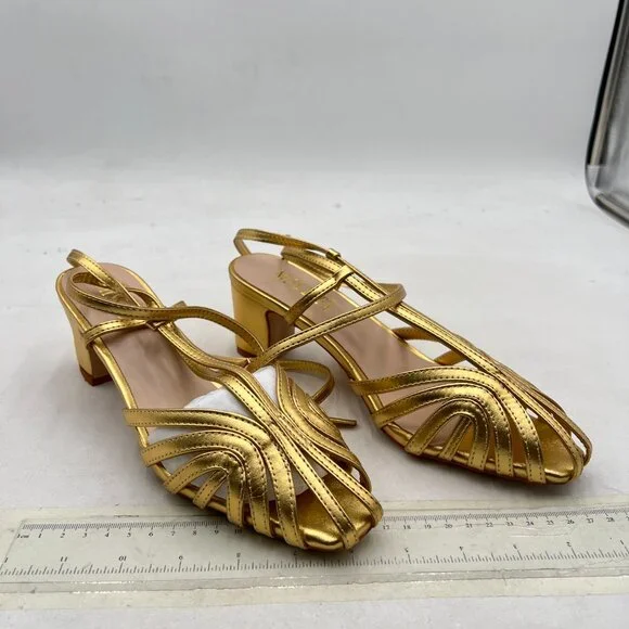 miss left Gold Caged Toe Chunky Mid Heel Cutout Sandals Strappy Ankle Strap Shoe - Picture 4 of 8